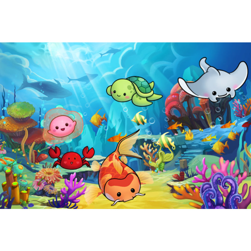 Cute Undersea Animals Mural Wallpaper Blue Non-Woven Wall Covering for Decor, Custom Size