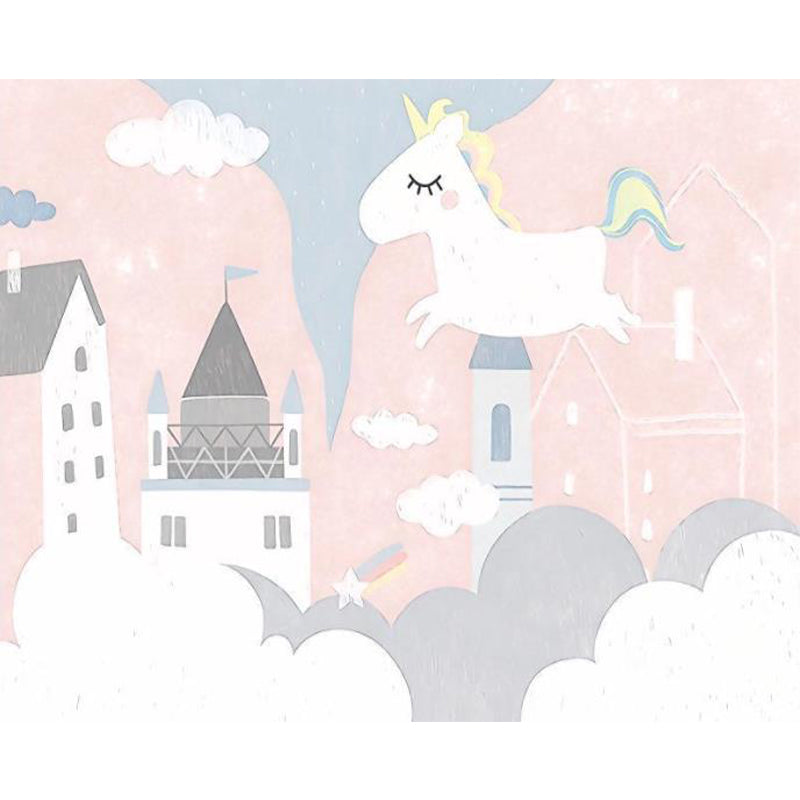Light Pink Cartoon Mural Decal Large Castle and Unicorn Wall Art for Childrens Bedroom