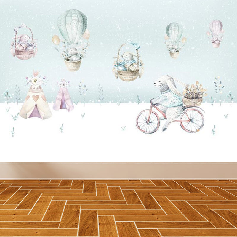 Cartoon Rabbit Wall Paper Mural Light Blue Waterproofing Wall Decor for Kids Bedroom