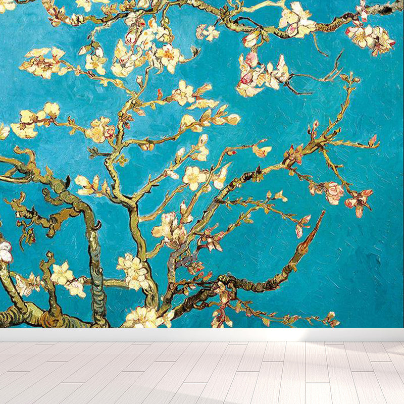 Large Blossoming Plum Tree Mural Moisture Resistant Stylish Bedroom Wall Covering in Blue