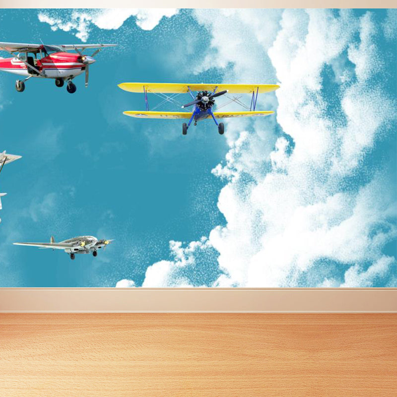 Non-Woven Waterproof Mural Cartoon Biplane and Cloud Wall Decor for Kids Bedroom