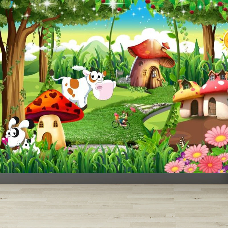 Forest Mushroom Houses Mural Wallpaper Green Cartoon Wall Decor for Child Bedroom