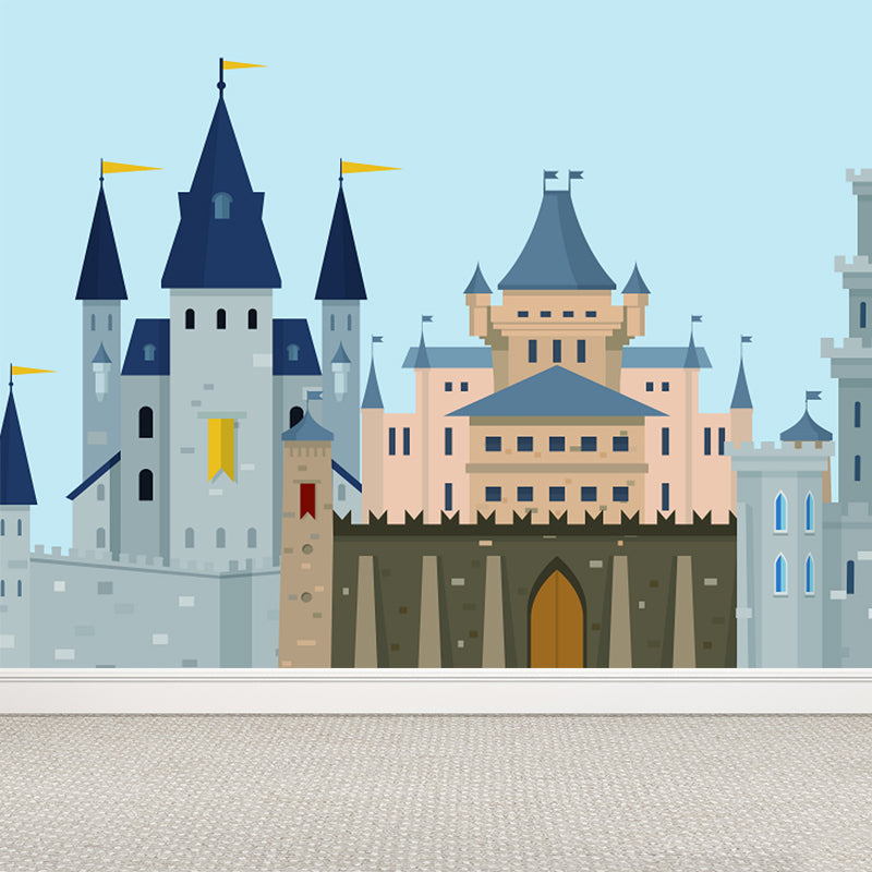 Blue Castle Mural Wallpaper Building Cartoon Waterproofing Wall Art for Kids Room