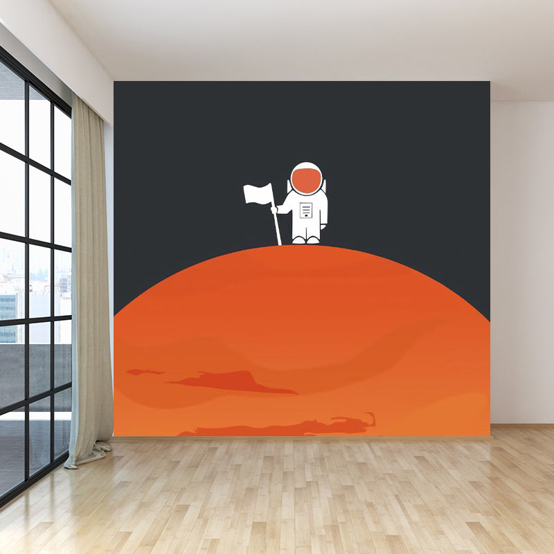 Astronaut Planet Landing Wall Mural Black and Orange Kids Style Wall Art for Bedroom