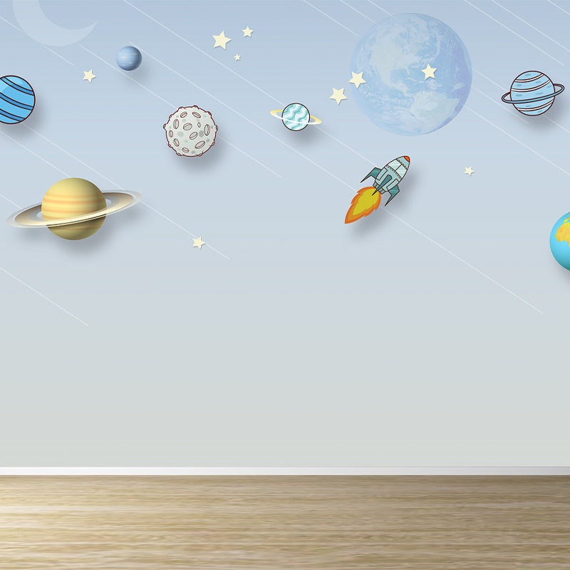 Light Blue Planets Mural Wallpaper Moisture Resistant Wall Art for House Interior