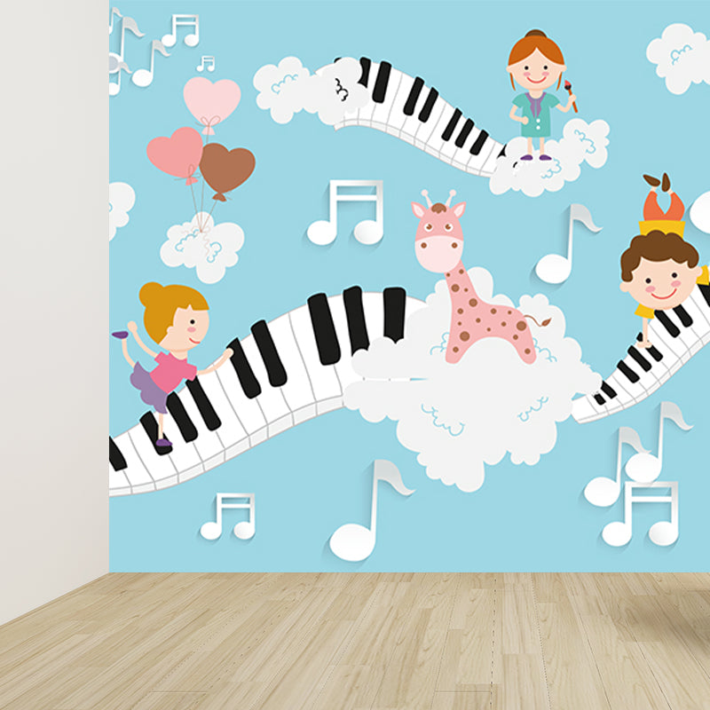 Sky Musical Performance Mural Wallpaper Blue Cartoon Wall Covering for Accent Wall