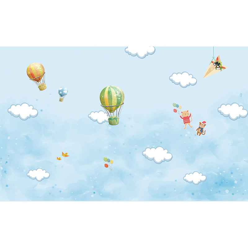 Blue Cartoon Wall Mural Whole Sky with Hot Air Balloon Drawing Wall Covering for Accent Wall