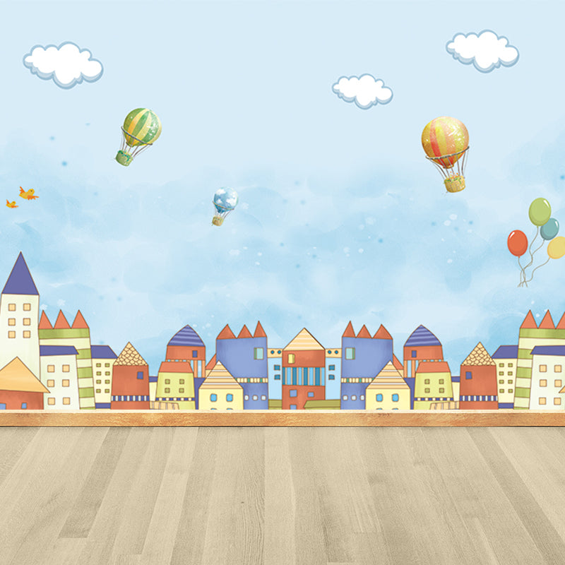 Balloon and Houses Print Mural Childrens Art Non-Woven Material Wall Decor in Blue