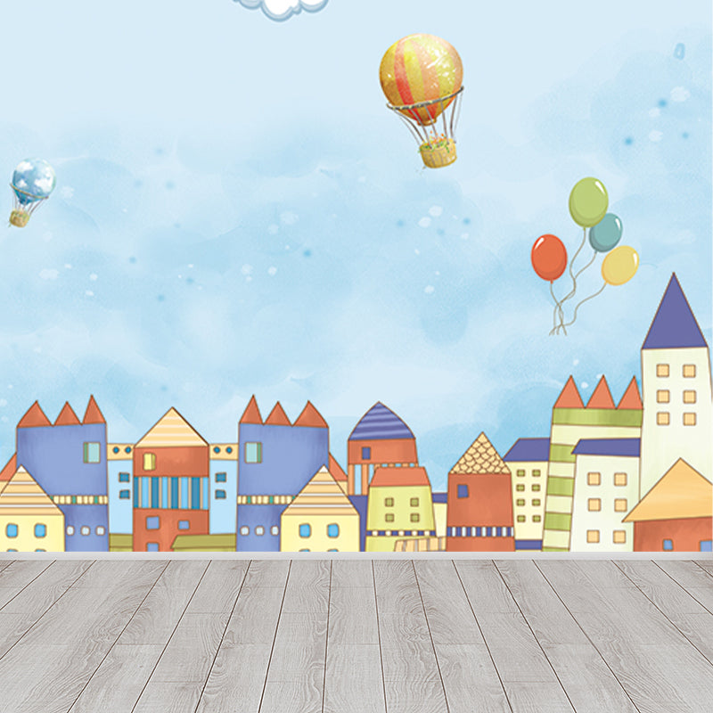 Balloon and Houses Print Mural Childrens Art Non-Woven Material Wall Decor in Blue