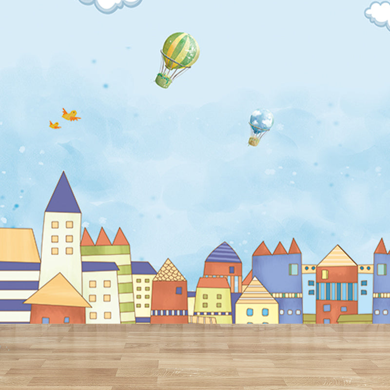 Balloon and Houses Print Mural Childrens Art Non-Woven Material Wall Decor in Blue