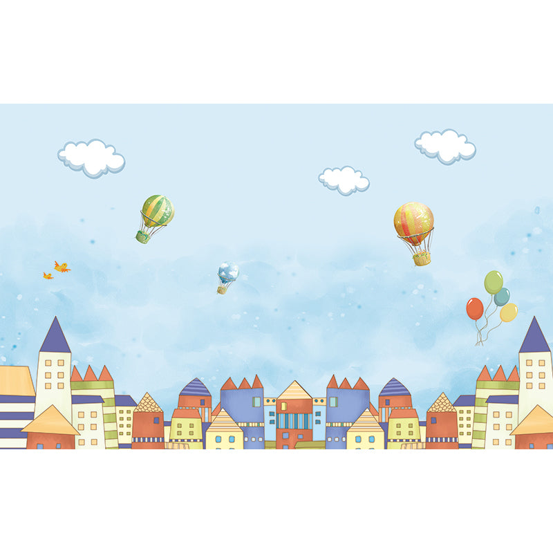 Balloon and Houses Print Mural Childrens Art Non-Woven Material Wall Decor in Blue