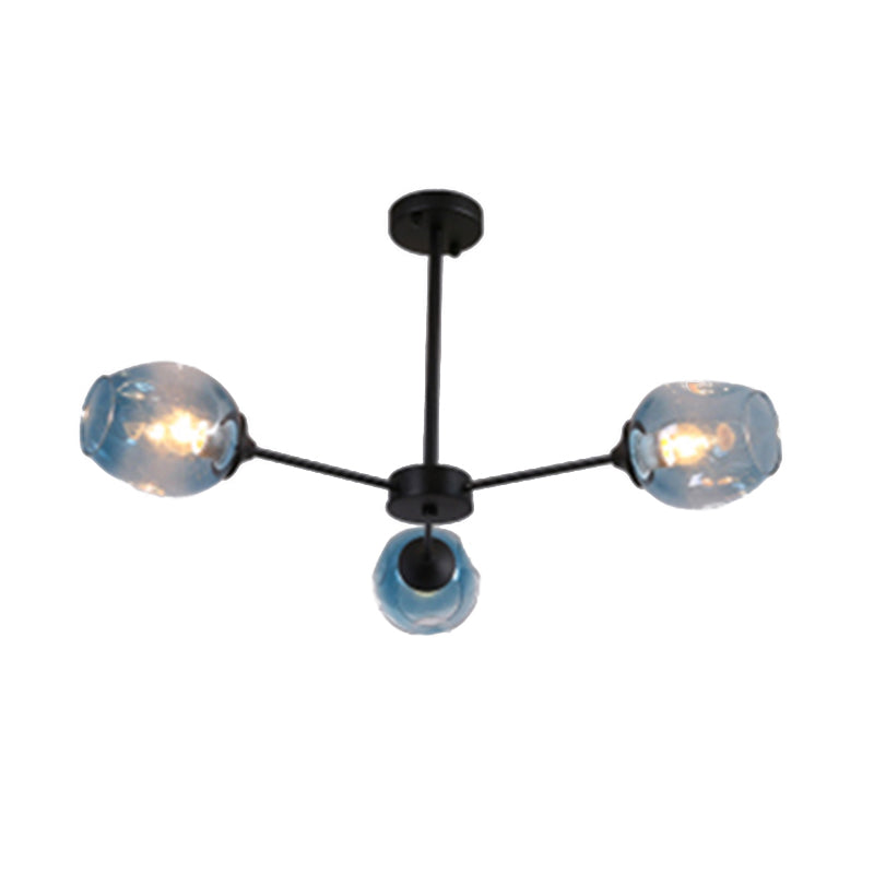 Modernist 3/6/8 Lights Hanging Chandelier Black/Chrome Sputnik Suspension Pendant with Blue/Amber Glass Shade