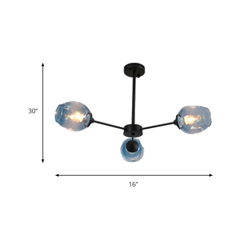 Modernist 3/6/8 Lights Hanging Chandelier Black/Chrome Sputnik Suspension Pendant with Blue/Amber Glass Shade