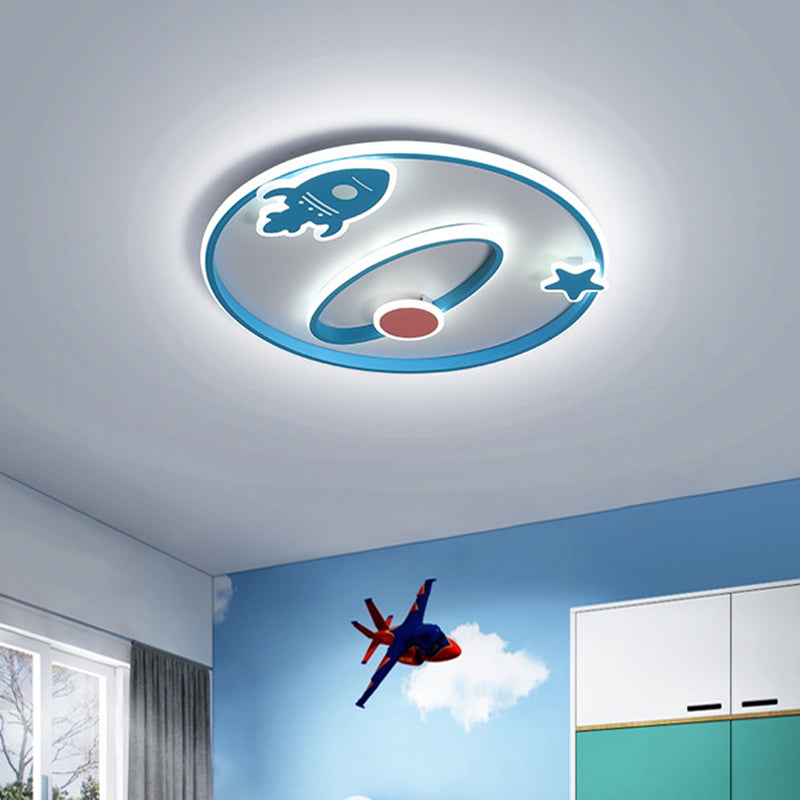 Spaceship Flush Mount Fecture Cartoon Acryl LED -kinderdagverblijf dicht bij plafondlamp in blauw