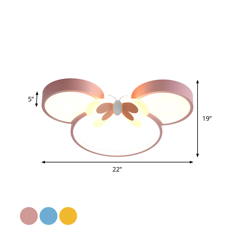 Mouse Head and Butterfly Ceiling Flush Kids Style Acrylic LED Pink/Yellow/Blue Flush Mount Lighting