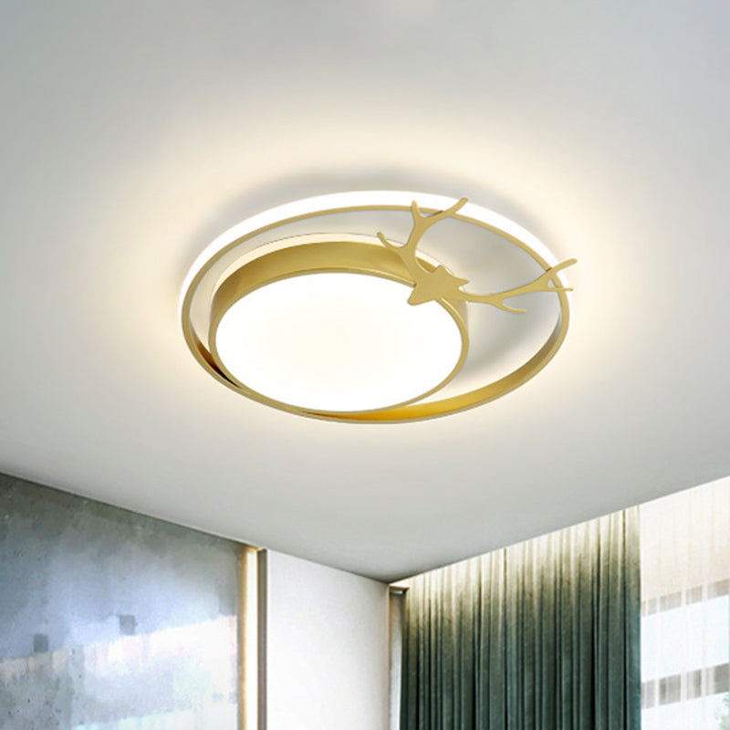 Grey/Gold LED Round Flush Lamp Fixture Modernist Acrylic Ceiling Mounted Light with Antler Design