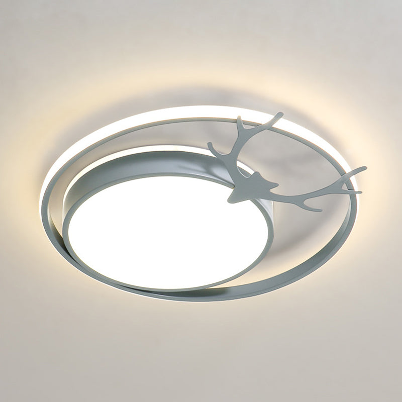 Grey/Gold LED Round Flush Lamp Fixture Modernist Acrylic Ceiling Mounted Light with Antler Design