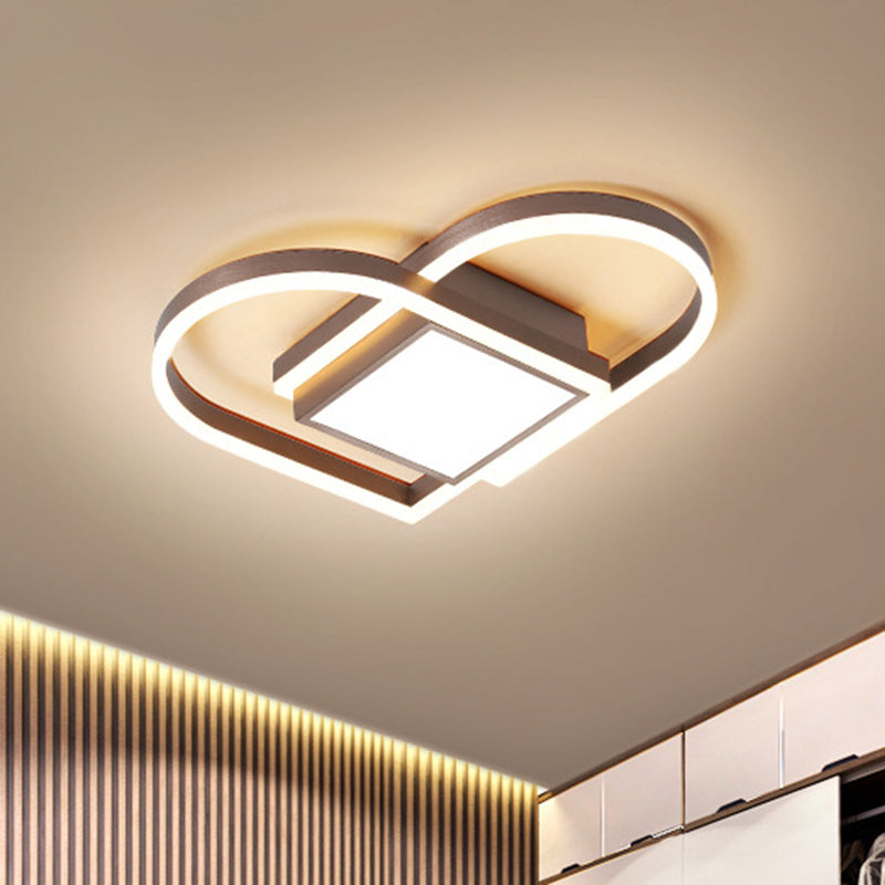 Loving Heart Bedroom Ceiling Lighting Acrylic LED Nordic Flush Mount Fixture in Gold/Coffee, Warm/White Light