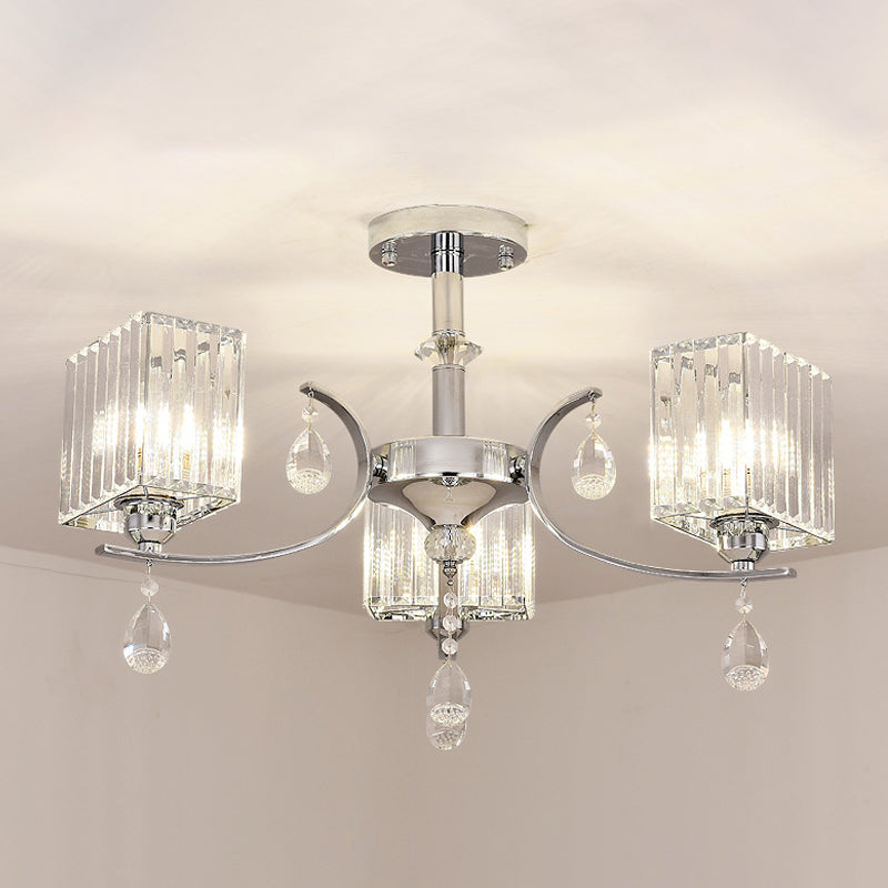 Prismas de cristal Luz de techo cuboides 3 cabezas Simple Cami -Semi Flush Chandelier con deco de caída