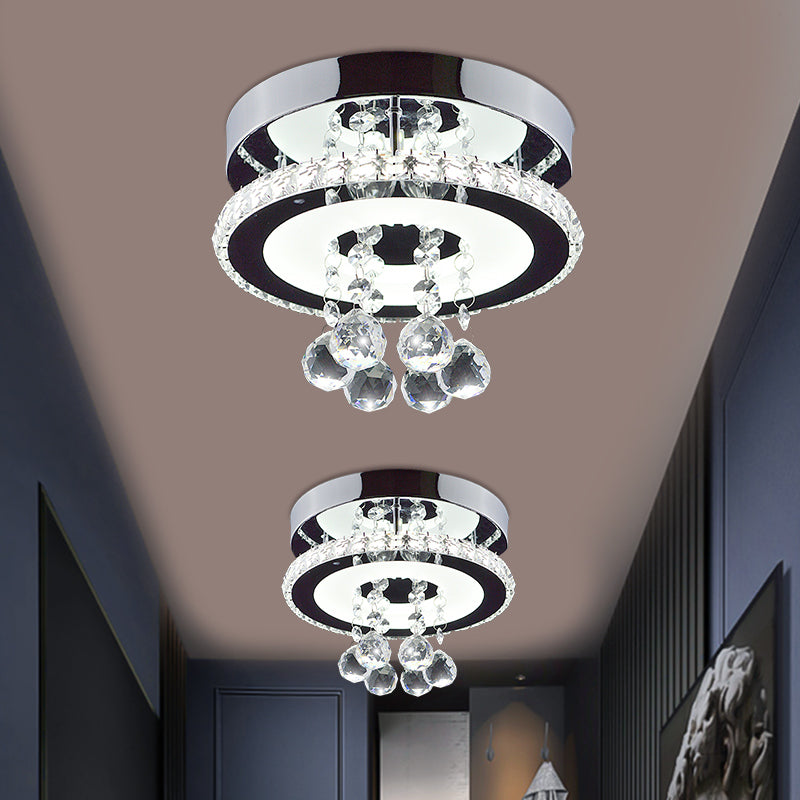 Simplicity Circle Semi Flush Faceted Crystal 8"/12" W LED Corridor Ceiling Fixture in Chrome, Warm/White Light