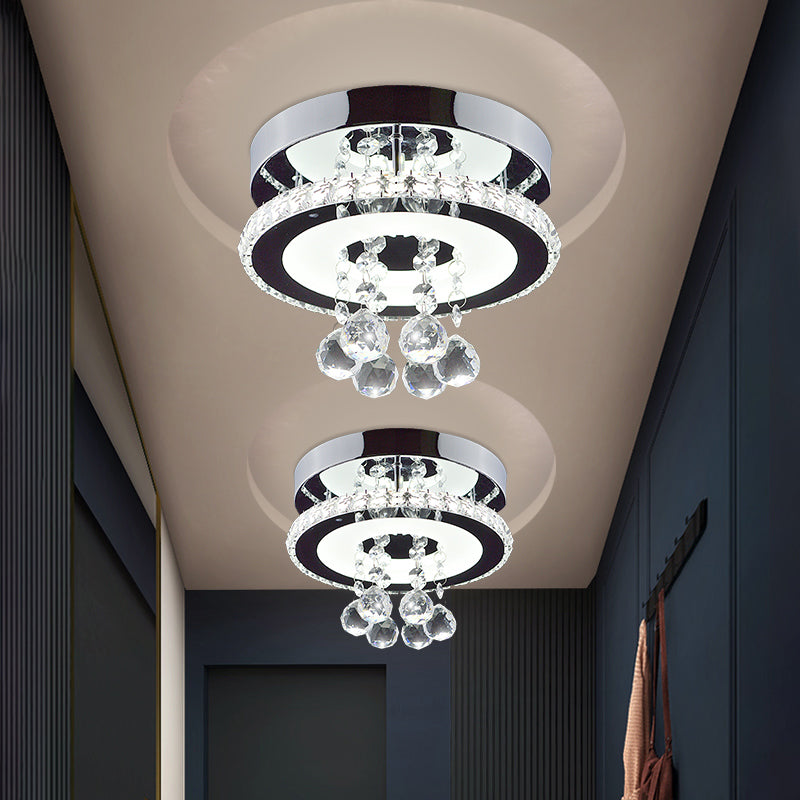 Simplicity Circle Semi Flush Faceted Crystal 8"/12" W LED Corridor Ceiling Fixture in Chrome, Warm/White Light