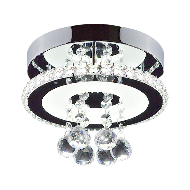 Simplicity Circle Semi Flush Faceted Crystal 8"/12" W LED Corridor Ceiling Fixture in Chrome, Warm/White Light