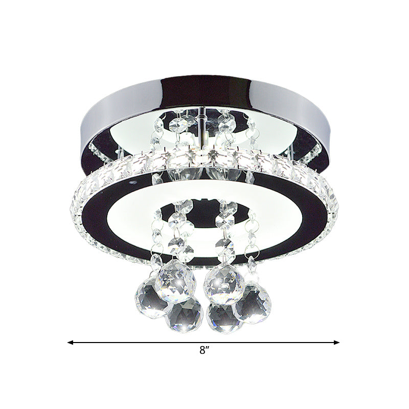 Simplicity Circle Semi Flush Faceted Crystal 8"/12" W LED Corridor Ceiling Fixture in Chrome, Warm/White Light