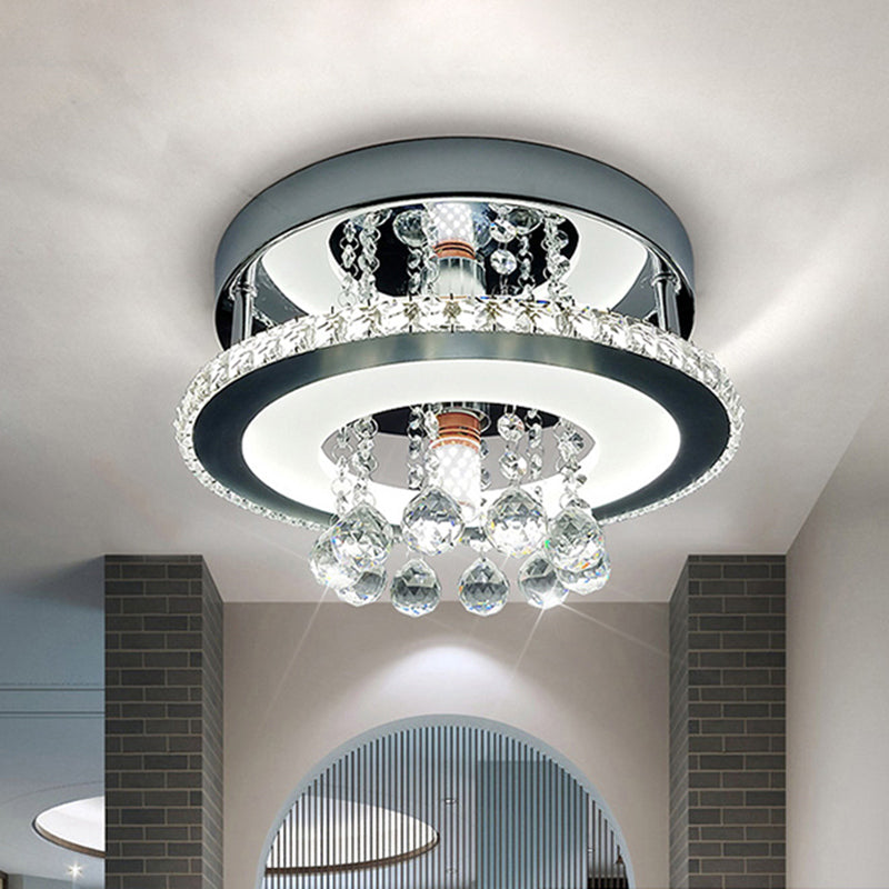 Simplicity Circle Semi Flush Faceted Crystal 8"/12" W LED Corridor Ceiling Fixture in Chrome, Warm/White Light