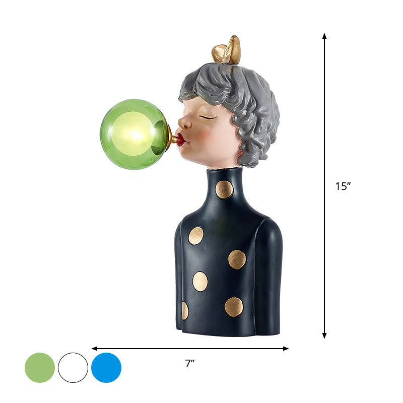 Boule Bubble Girl Resin Desk Cartoon Light 1 Bulbe Black Night lampe avec nuance en verre transparent / bleu / vert