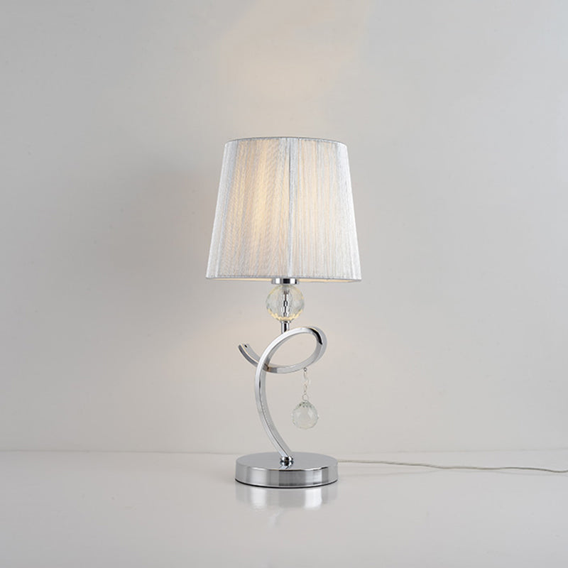 Fabric Barrel Shade Night Table Lamp Modernist LED Chrome Task Lighting with Crystal Droplet