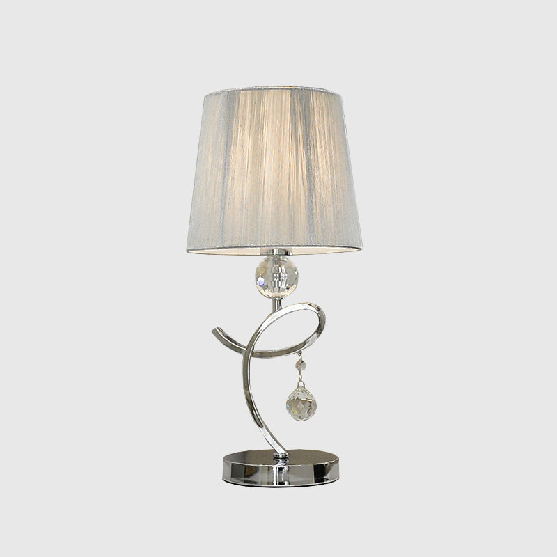 Fabric Barrel Shade Night Table Lamp Modernist LED Chrome Task Lighting with Crystal Droplet