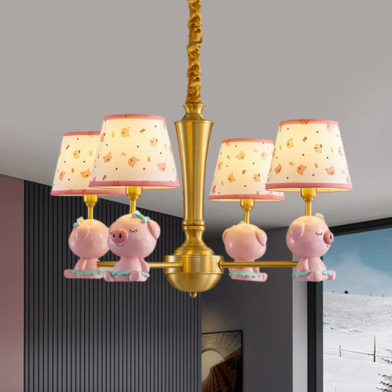 Kegel plafond hang armatuur kinderstof stof 4-licht roze kroonluchter verlichting met piggy ontwerp