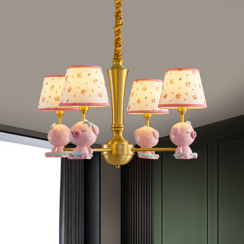 Cone Ceiling Hang Fixture Kids Fabric 4-Light Pink Chandelier Lighting with Piggy Design