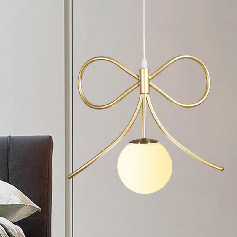 Frosted Glass Ball Pendulum Light Modern 1-Head Gold Hanging Lamp Kit with Wings/Bowknot/Loving Heart Design