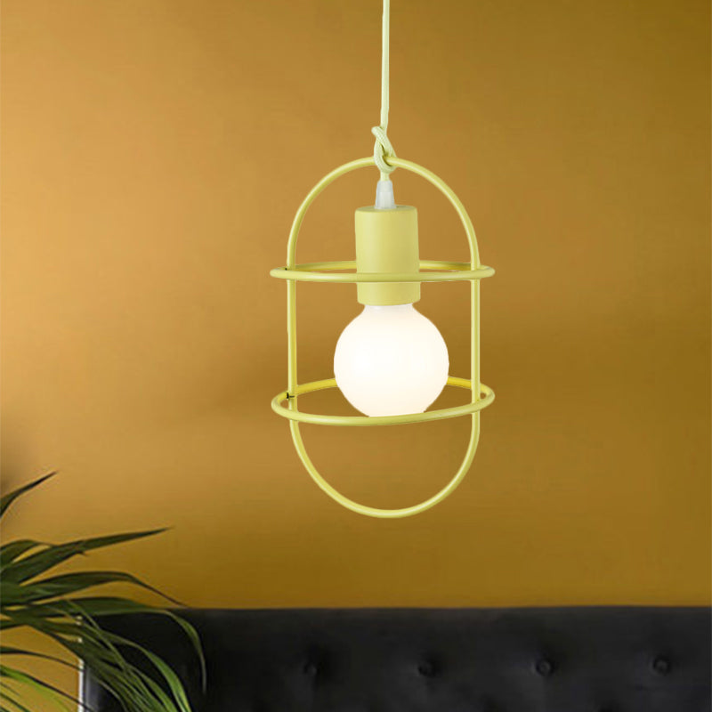 1 Bulb Dining Room Ceiling Pendant Light Minimalism White/Pink/Yellow Drop Lamp with Metal Capsule Frame Shade