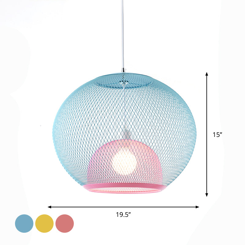 Global Mesh Restaurant Pendant Light Metallic 1-Bulb Macaron Ceiling Hang Fixture in Pink/Yellow/Blue