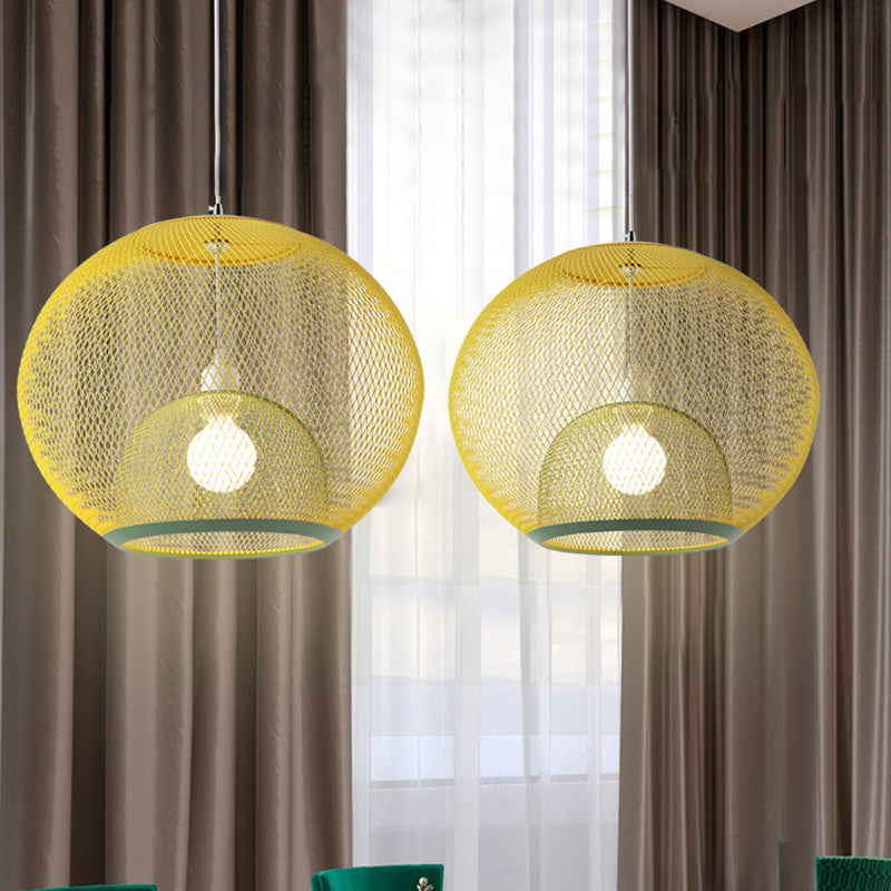 Global Mesh Restaurant Pendant Light Metallic 1-Bulb Macaron Ceiling Hang Fixture in Pink/Yellow/Blue