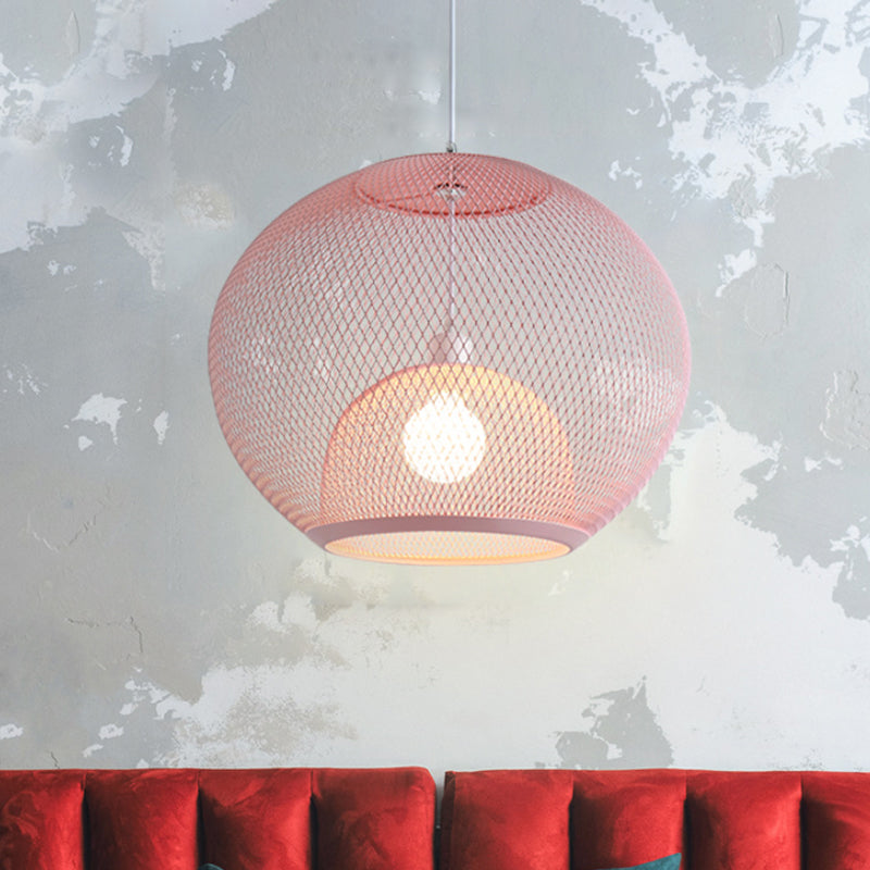 Global Mesh Restaurant Pendant Light Metallic 1-Bulb Macaron Ceiling Hang Fixture in Pink/Yellow/Blue