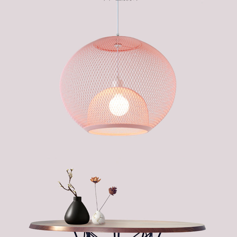 Global Mesh Restaurant Pendant Light Metallic 1-Bulb Macaron Ceiling Hang Fixture in Pink/Yellow/Blue