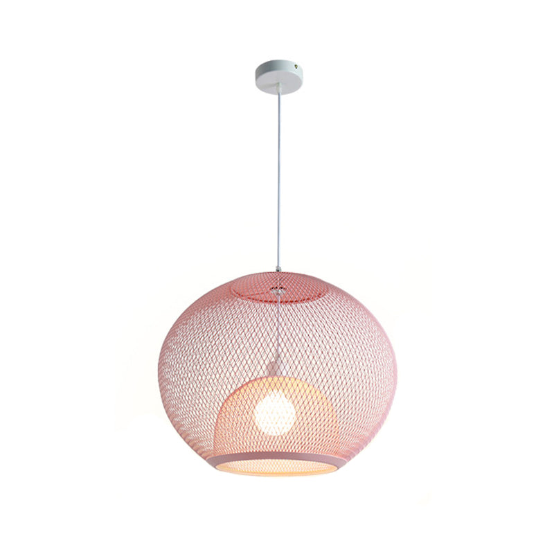 Global Mesh Restaurant Pendant Light Metallic 1-Bulb Macaron Ceiling Hang Fixture in Pink/Yellow/Blue