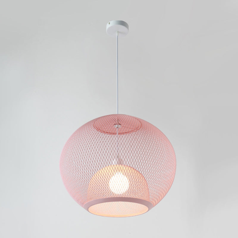 Global Mesh Restaurant Pendant Light Metallic 1-Bulb Macaron Ceiling Hang Fixture in Pink/Yellow/Blue