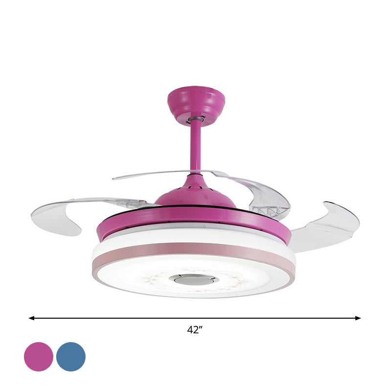 Blauwe/roze LED Round Hangende ventilatorlamp Modernistische acryl-3-blade semi-flush mount verlichting, 42 "breedte