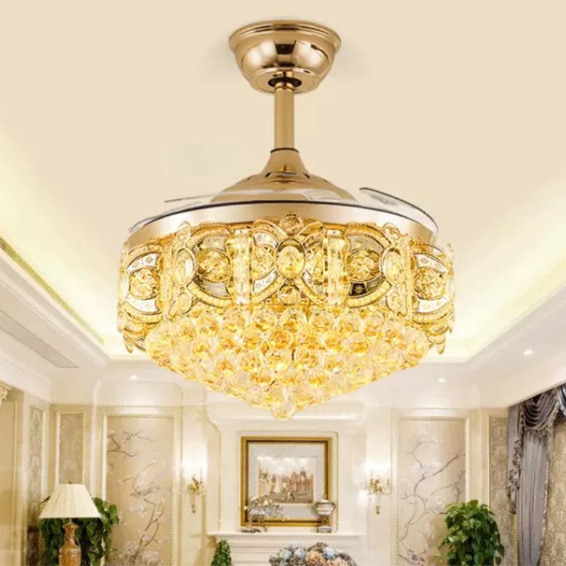 19 "W taps toelopende plafondventilator Lamp Victoriaanse kristal orbs LED Parlor Semi Flush Light in goud met 4 messen