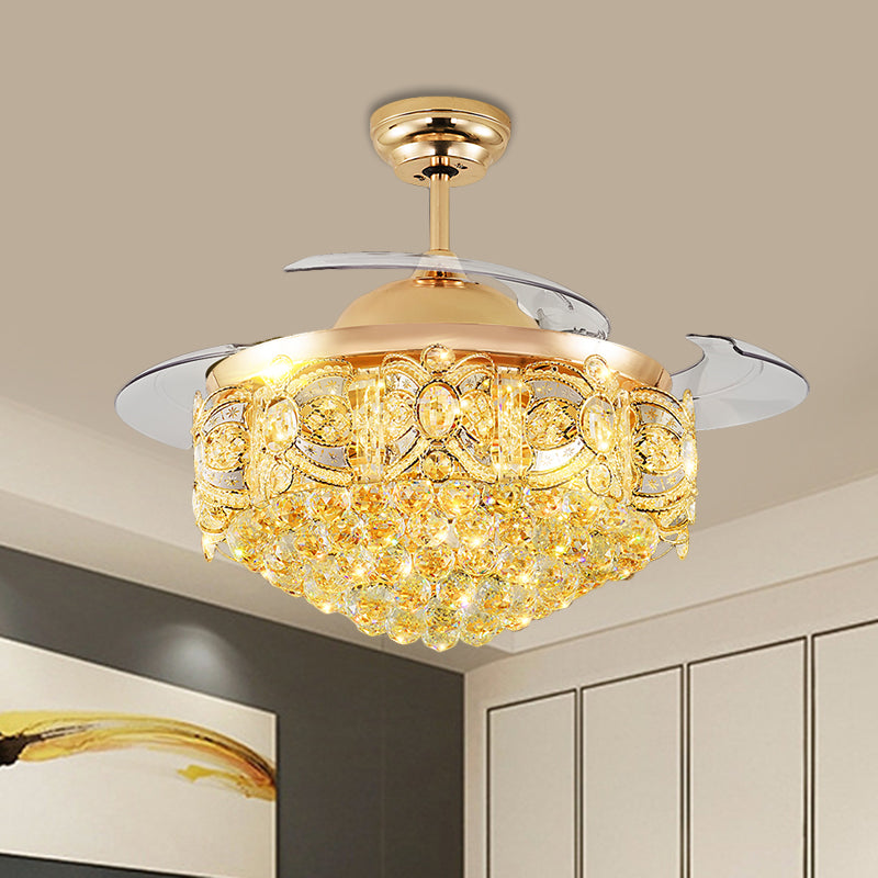 19" W Tapered Ceiling Fan Lamp Victorian Crystal Orbs LED Parlor Semi Flush Light in Gold with 4 Blades