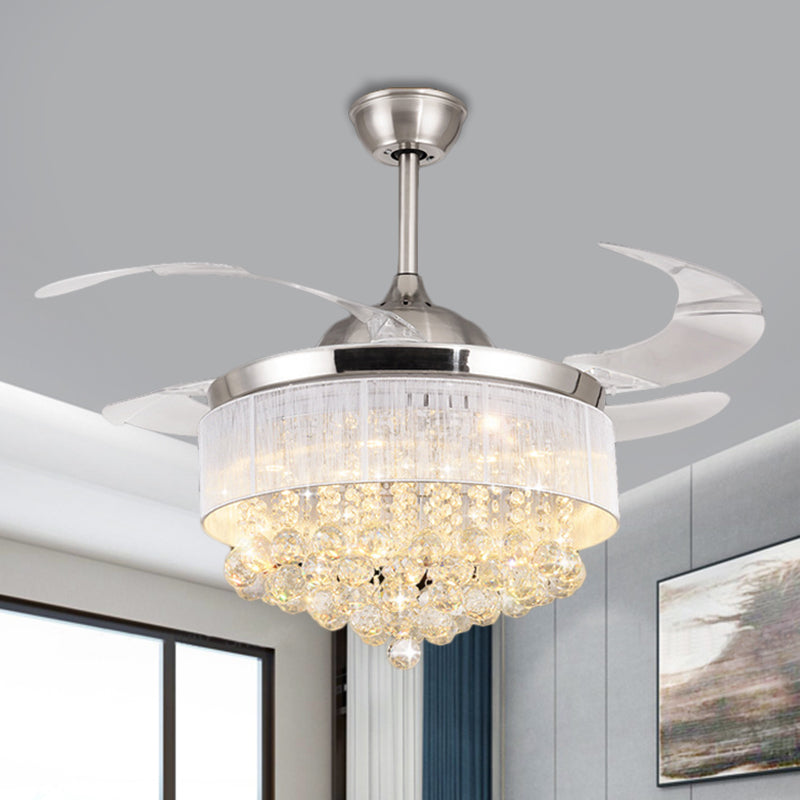 Modern Cascading Semi Flush Light Crystal Ball Living Room LED Pendant Fan Lamp in Chrome with 4-Blade, 19" Wide