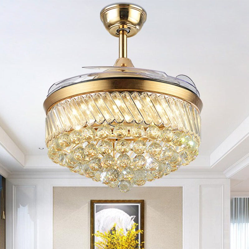 Kristal orbs kegel hangende ventilator licht eigentijds 19 "brede led gold semi mount verlichting met 4 messen