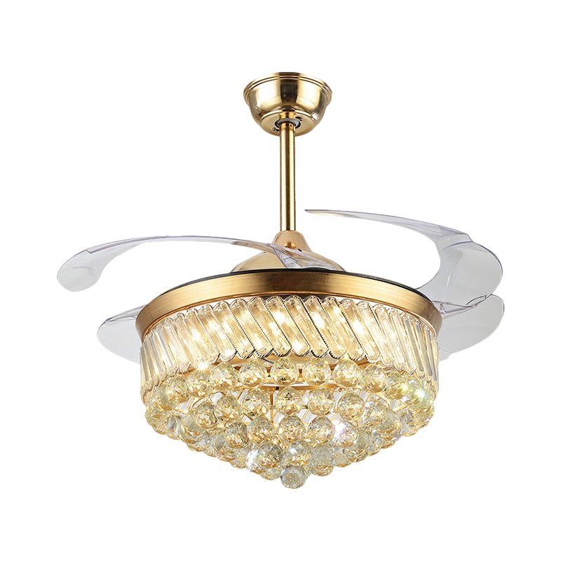 Kristal orbs kegel hangende ventilator licht eigentijds 19 "brede led gold semi mount verlichting met 4 messen