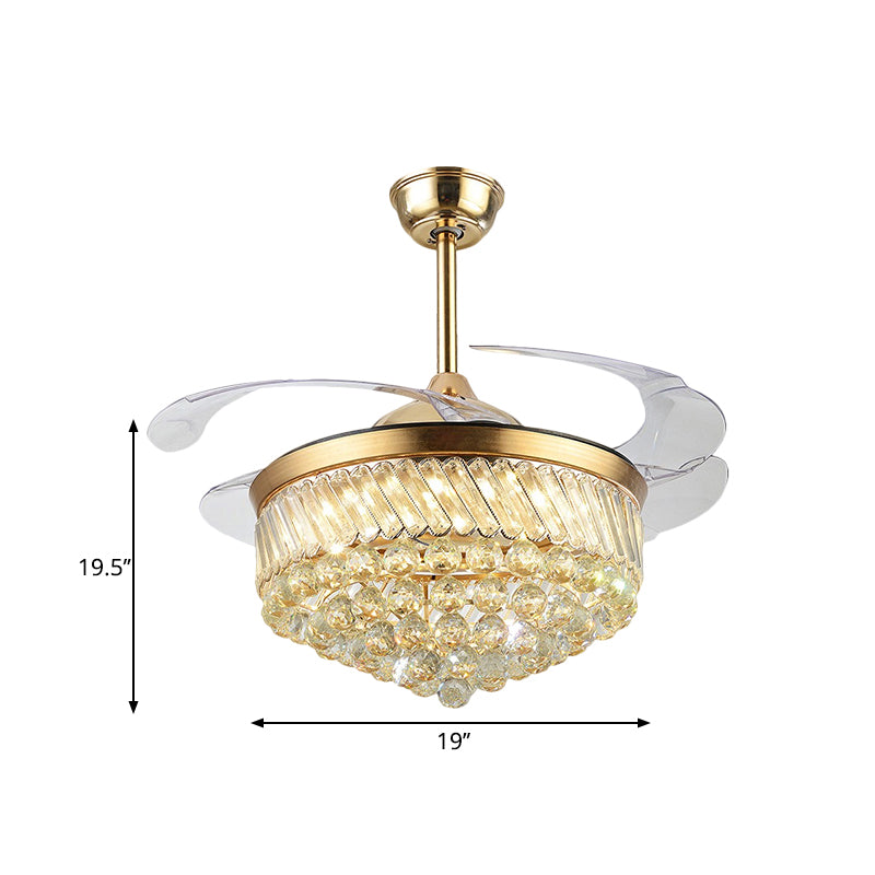 Kristal orbs kegel hangende ventilator licht eigentijds 19 "brede led gold semi mount verlichting met 4 messen