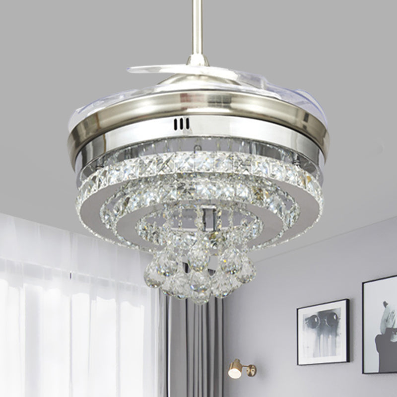 Minimalistische LED -hangerse ventilator Licht Chrome Circle 4 Blades Semi Flush Mount met afgeschuinde kristalschaduw, 19 "W