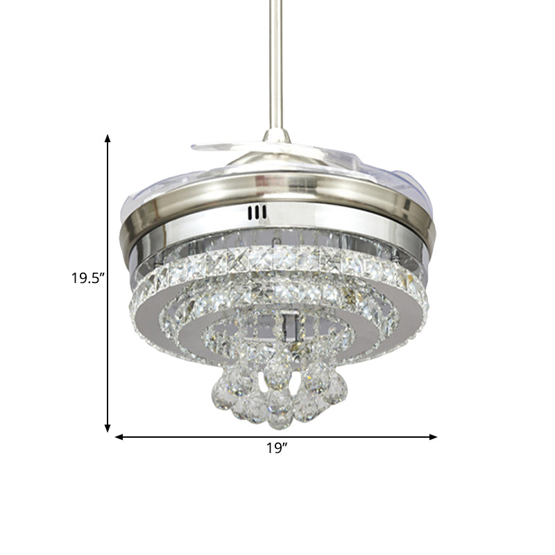 Minimalistische LED -hangerse ventilator Licht Chrome Circle 4 Blades Semi Flush Mount met afgeschuinde kristalschaduw, 19 "W